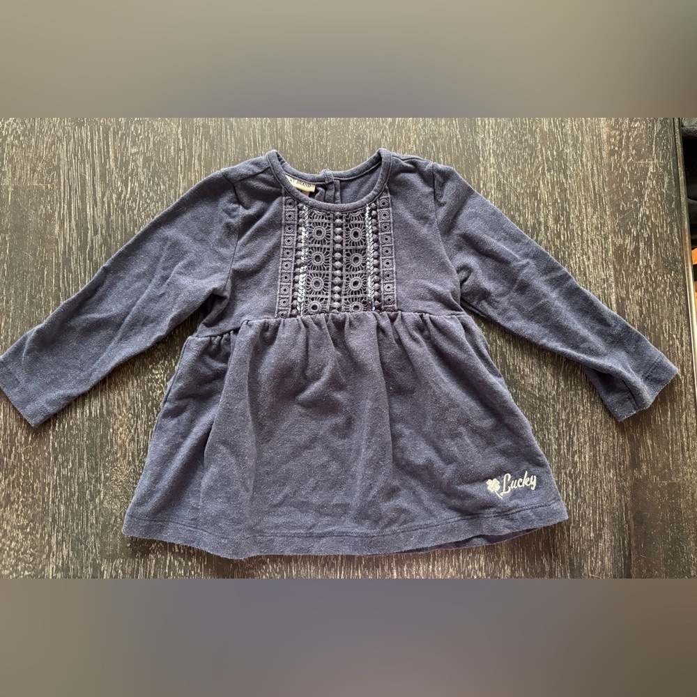 Lucky Brand Blue Long Sleeve Tee with Geometric Embroidery